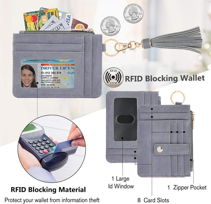 KNGITRYI Wallet, Slim RFID Credit Card Holder with Wristlet Keychain, Gray (Unisex, PU Leather, 8 Card Slots, RFID Protected, Fashion Tassel) - Image 3